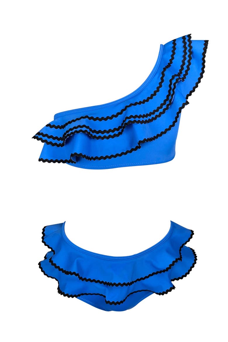 Kids' One Shoulder Multi-Layered Ruffle Blue Two-Piece Bikini, Main, color, Blue