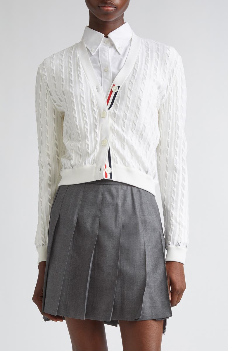 Thom Browne Semisheer Baby Cable Knit Cardigan, Main, color, White