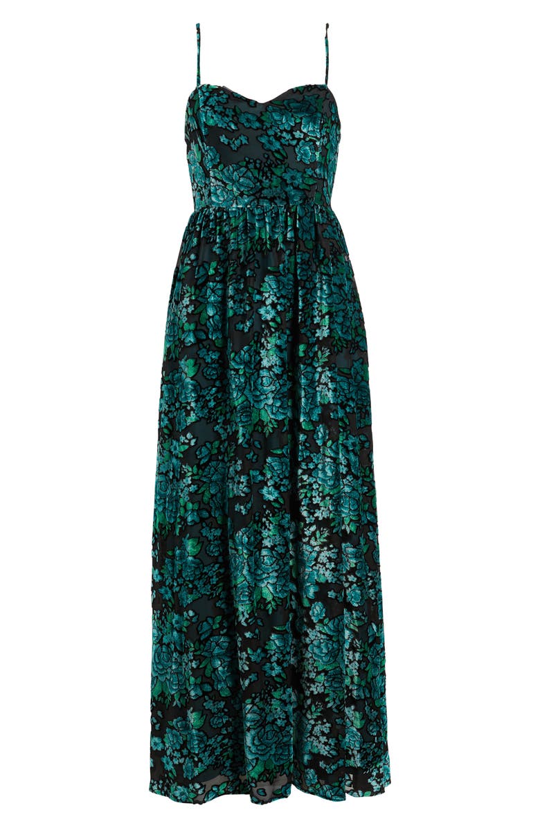 Lulus Minka Floral Velvet Burnout Gown, Alternate, color, Emerald Multi