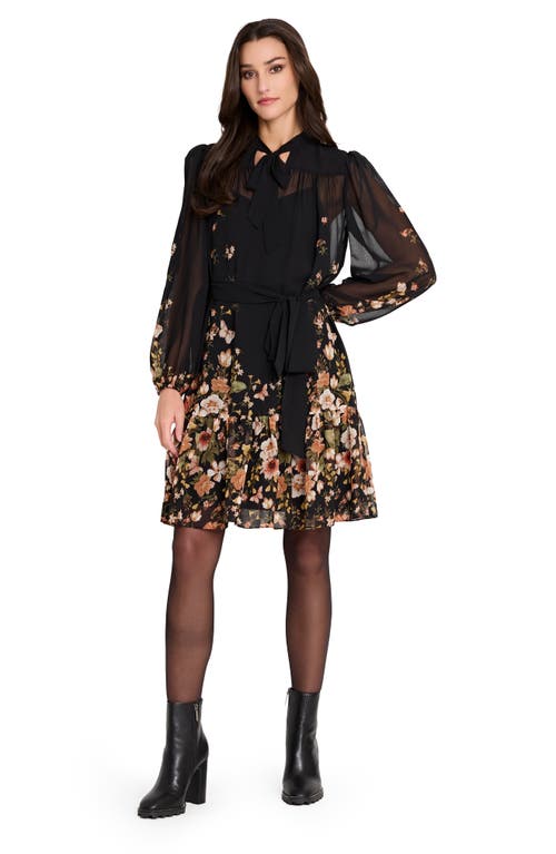Tahari Asl Print Tie Waist Long Sleeve Dress In Multi