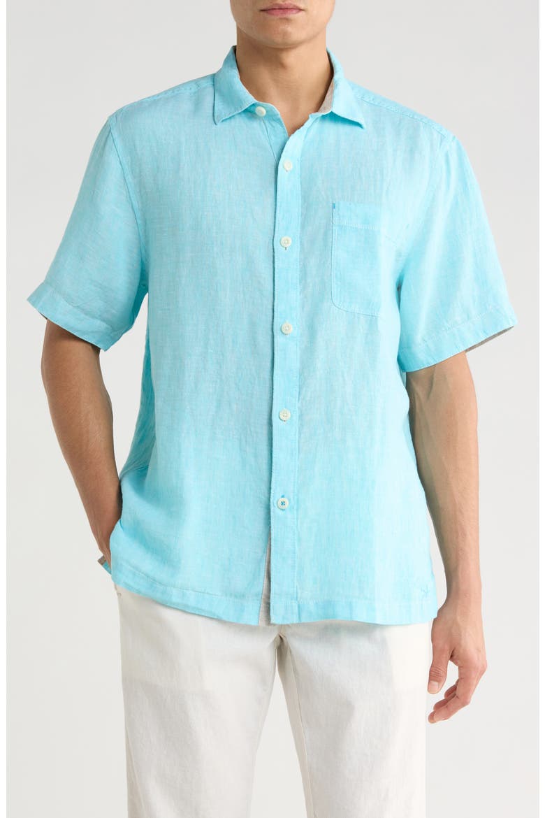 Paradise Breezer Short Sleeve Linen Button-Up Shirt, Main, color, BLUE RADIANCE