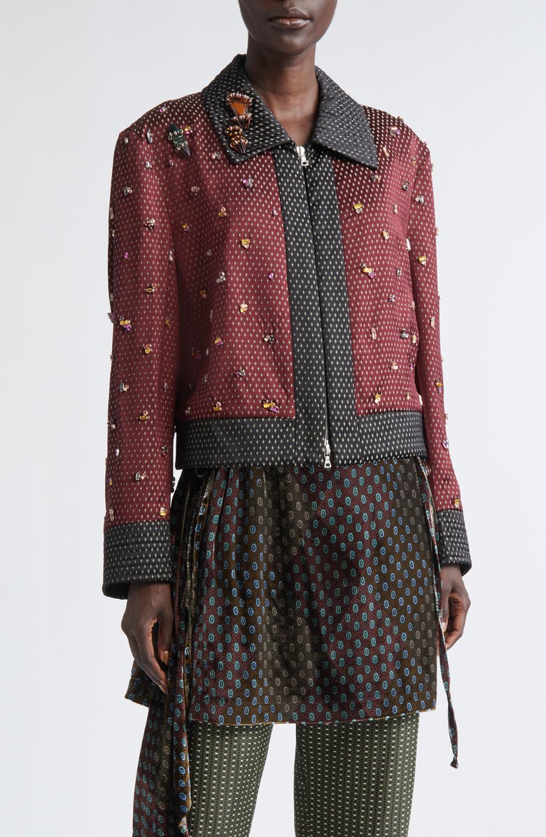 Dries Van Noten Vurani Crystal Embellished Tie Jacquard Jacket, Main, color, Burgundy