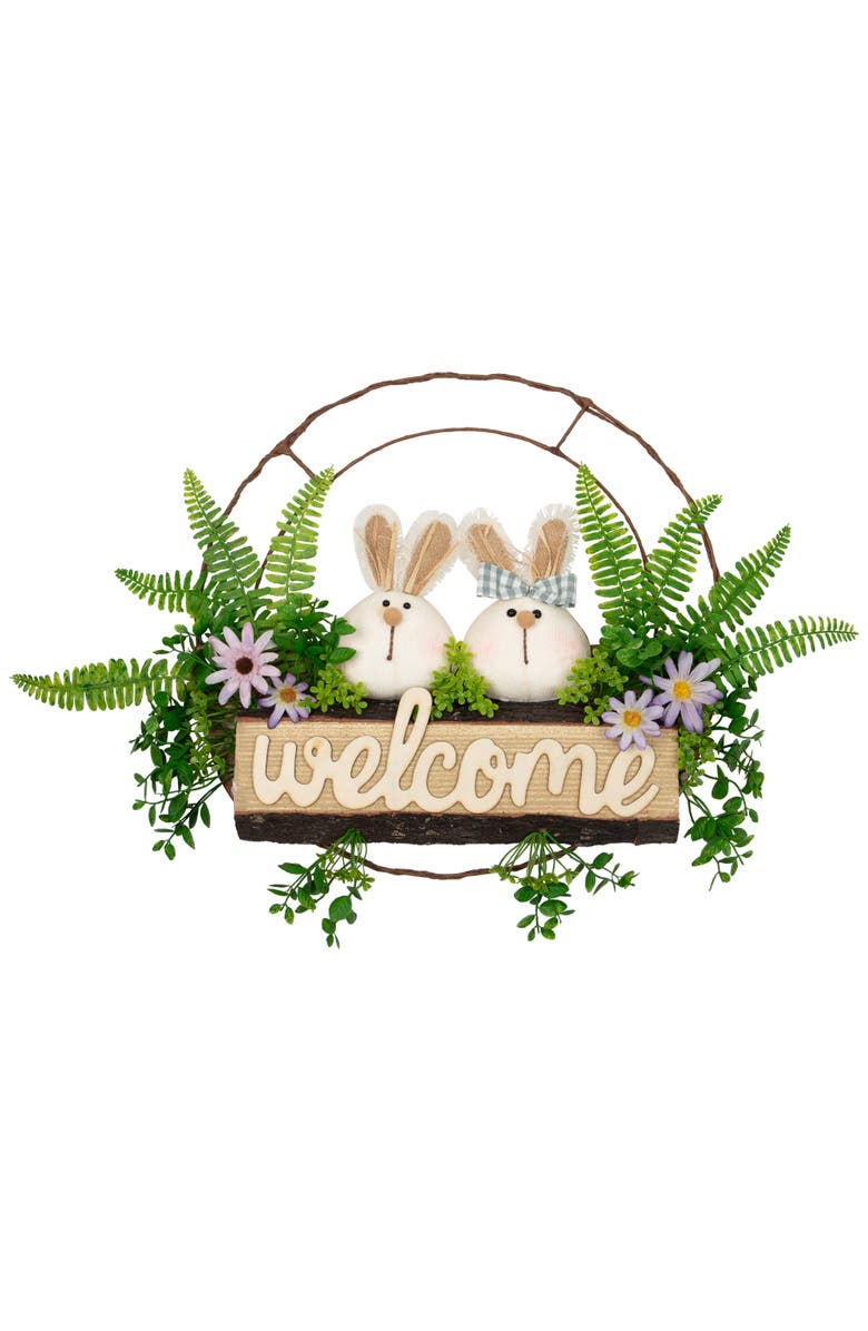Northlight Easter Rabbit Couple Floral "Welcome" Sign - 16-Inch, Main, color, Multi
