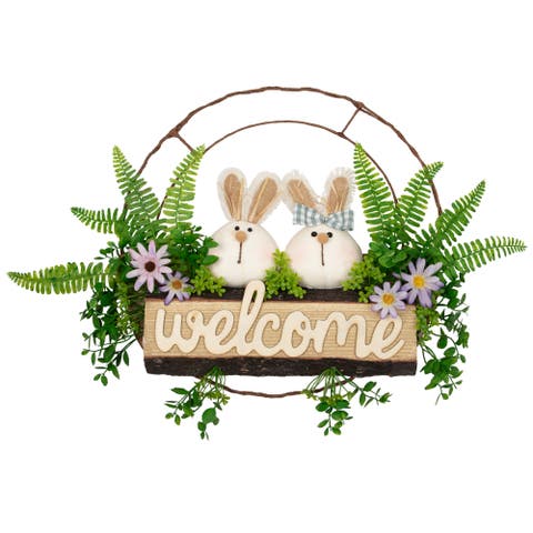 Easter Rabbit Couple Floral "Welcome" Sign - 16-Inch