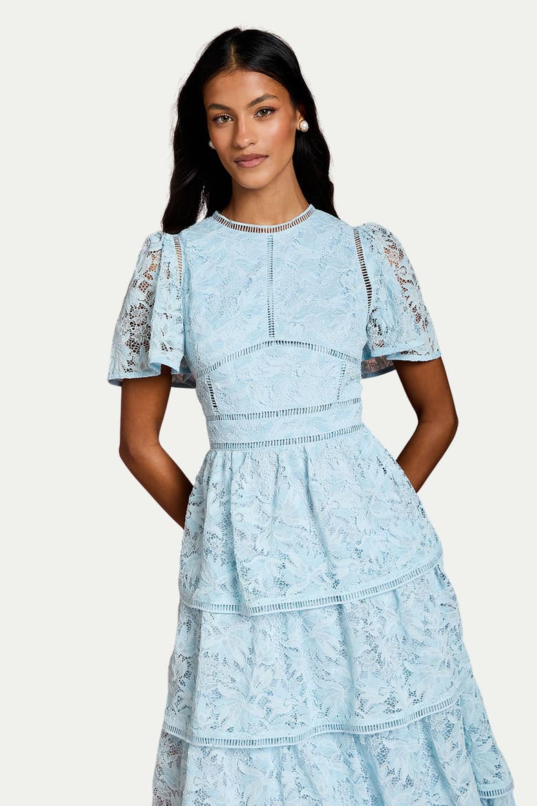 Petite Flutter Sleeve Tiered Midi Dress, Alternate, color, Pale Blue