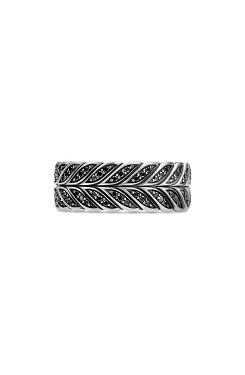 Chevron Band Ring in Sterling Silver with Black Diamonds, 9mm