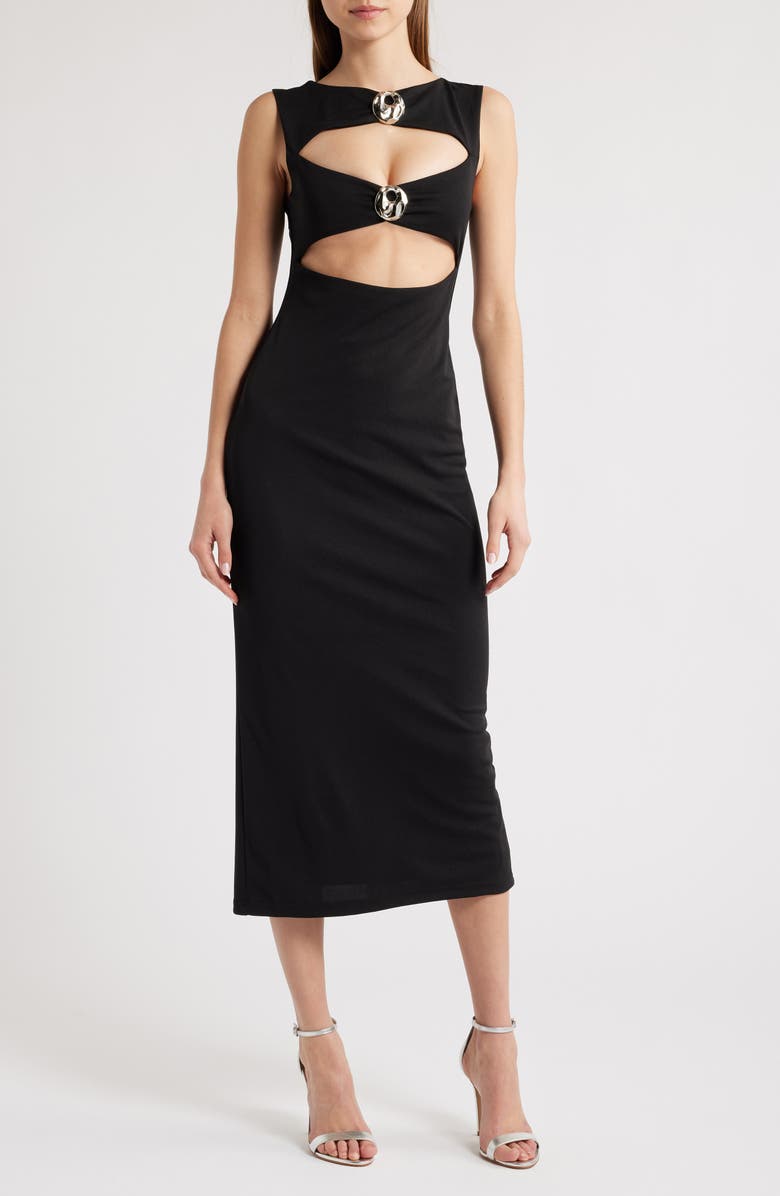 LIONESS After Hours Cutout Sleeveless Midi Dress, Main, color, Onyx
