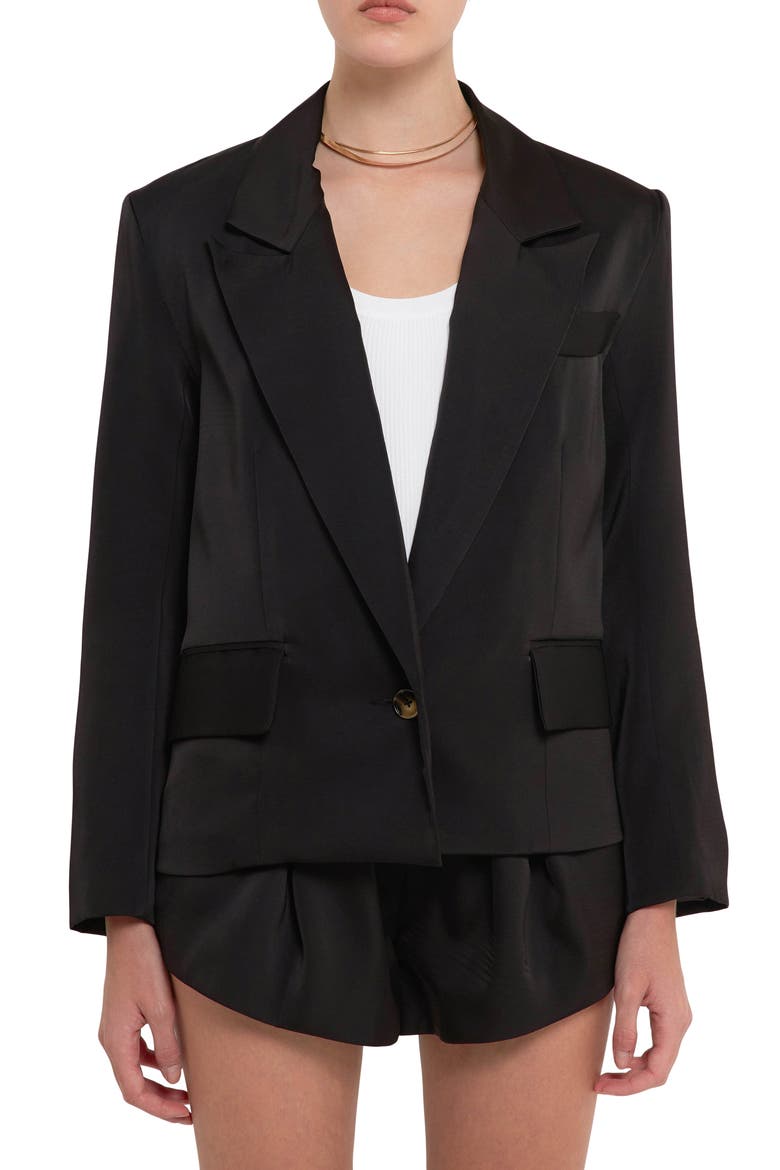 One-Button Satin Blazer, Main, color, BLACK