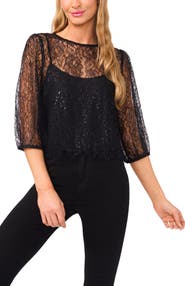 CeCe Metallic Floral Lace Top