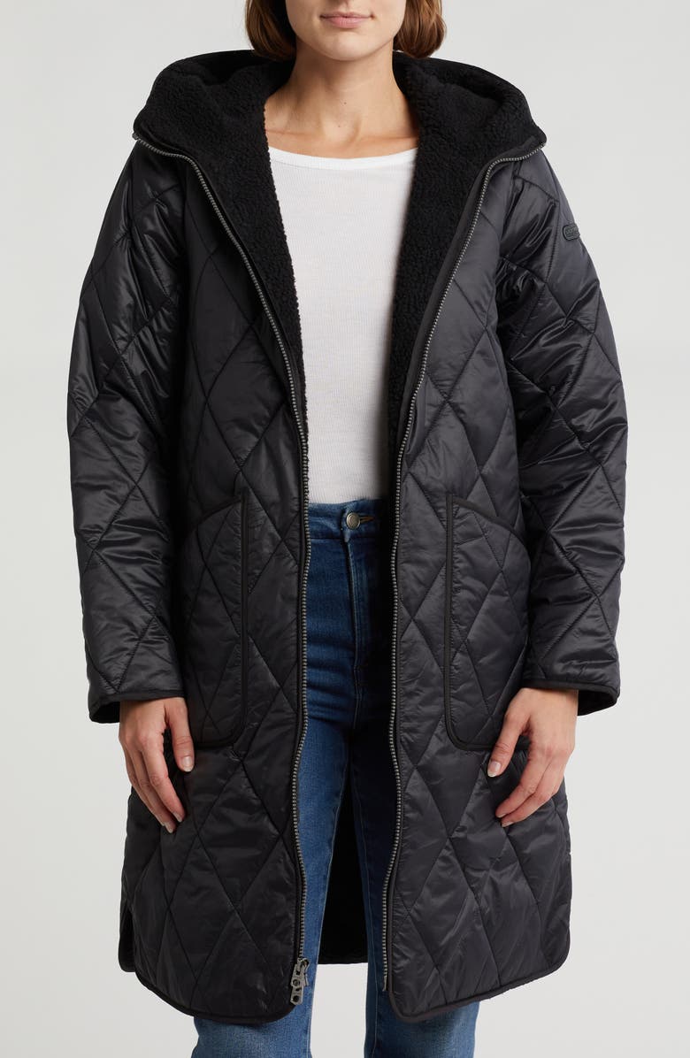 Lucky Brand Faux Shearling Lined Hooded Utility Coat, Main, color, Black