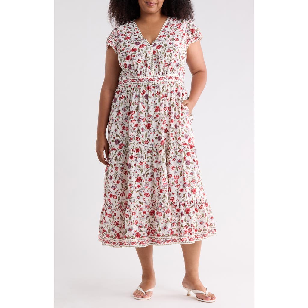 MAX STUDIO V-Neck Flutter Sleeve Maxi Dress in Cream/Red Velvet Vine at Nordstrom Rack, Size 2X