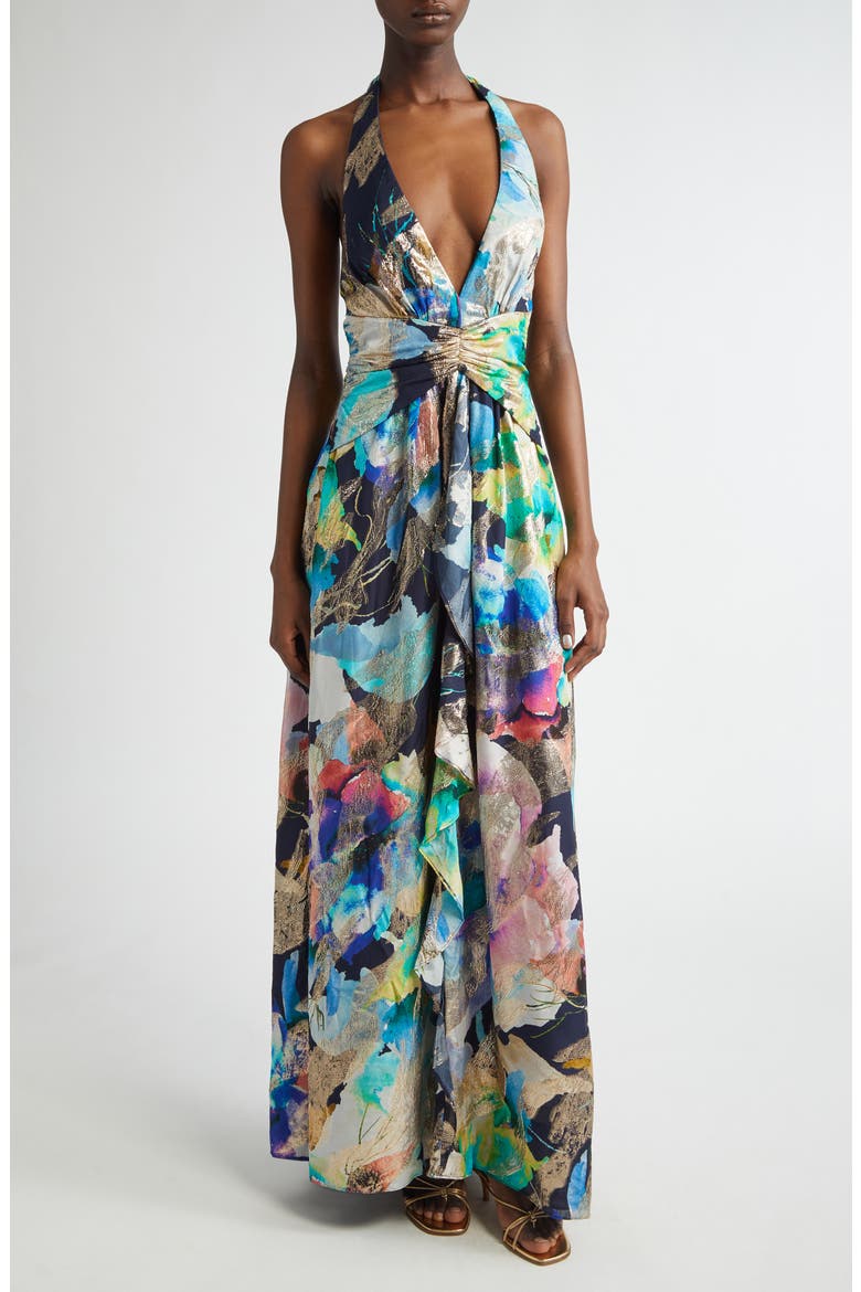 Stefanie Metallic Plunge Gown, Alternate, color, SPRING NAVY MARBLE
