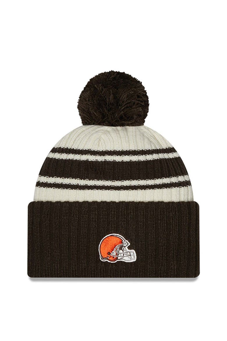 Youth New Era Cream/Brown Cleveland Browns 2022 Sideline Sport Cuffed Pom Knit Hat, Alternate, color, Cream