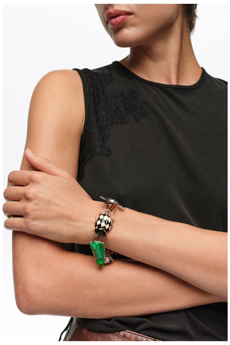 Bracelet with Enamel Beetles and Silver Bee, Alternate, color, DARK SILVER