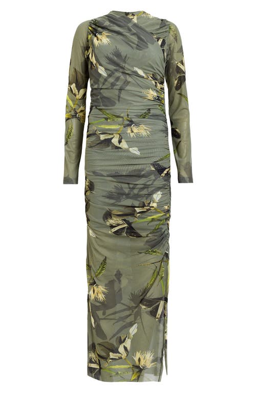 Allsaints Hanako Print Mesh Wrap Maxi Dress In Emerge Olive Green