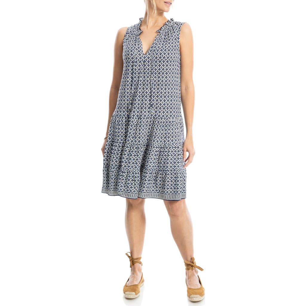 Max Studio Floral Split Neck Tiered Dress In Navy/cream