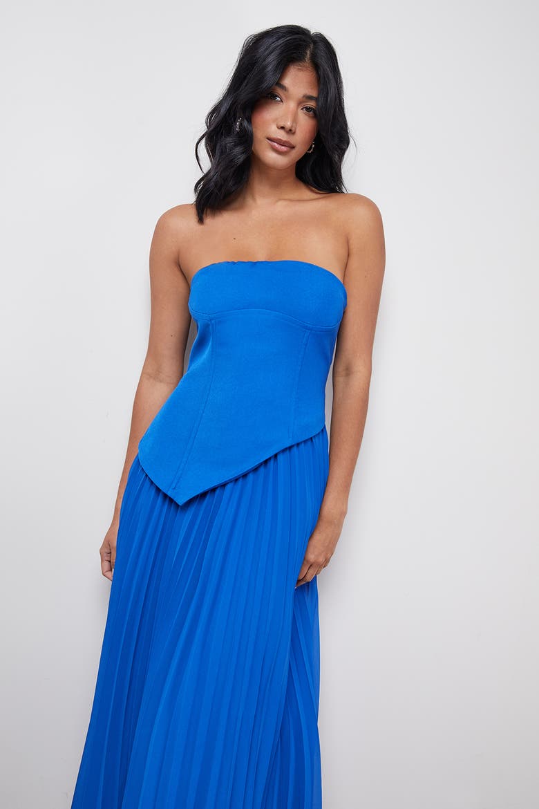 Bandeau Bodice Pleated Midi Dress, Alternate, color, Cobalt