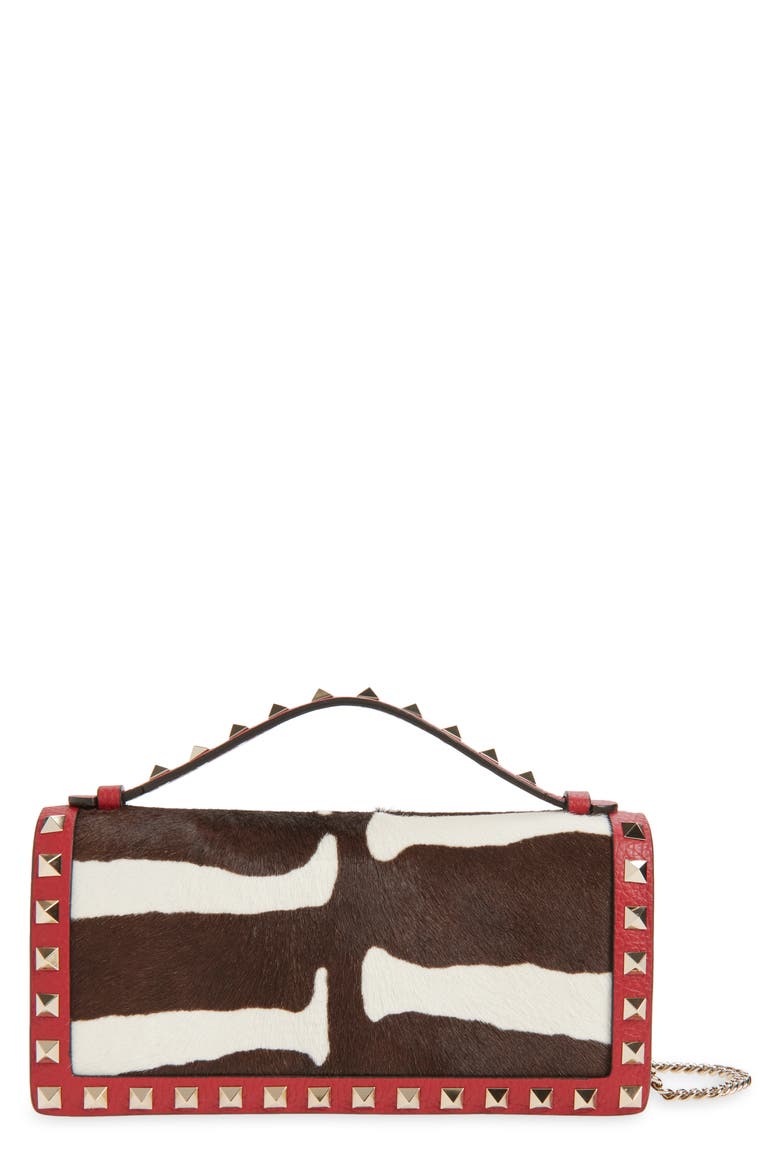 Rockstud Genuine Calf Hair Wallet with Crossbody Strap, Main, color, RED
