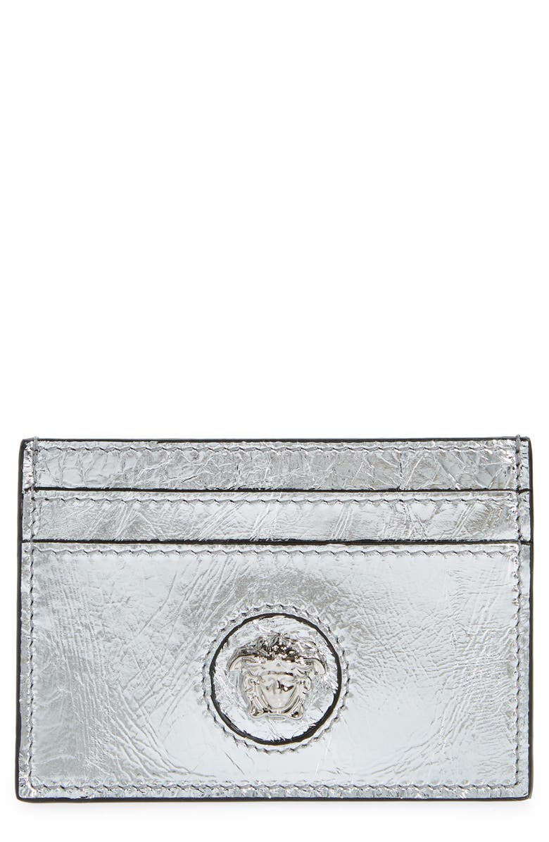 Versace La Medusa Metallic Leather Card Case, Main, color, 