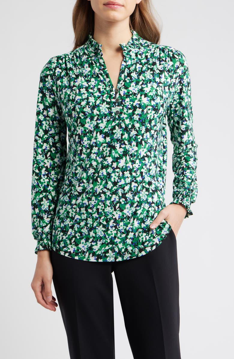 AK ANNE KLEIN Ruffle Neck Smocked Cuff Top, Main, color,