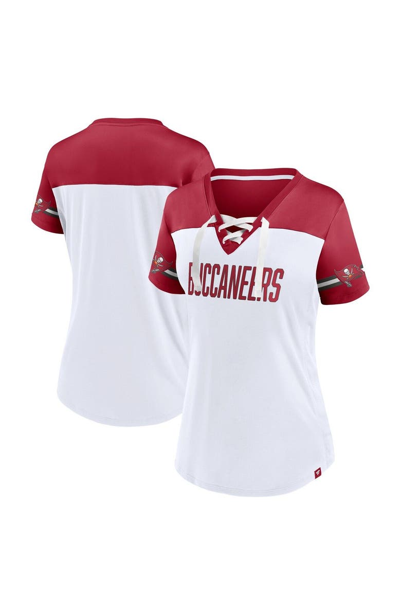 FANATICS Women's Fanatics Branded White Tampa Bay Buccaneers Dueling Slant V-Neck Lace-Up T-Shirt, Main, color, White