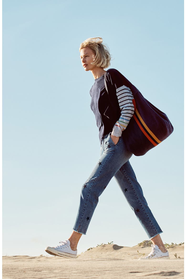 Rainbow Stripe Sleeves Wool & Cashmere Sweater, Alternate, color, NAVY