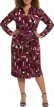 London Times Faux Wrap Tie Midi Dress