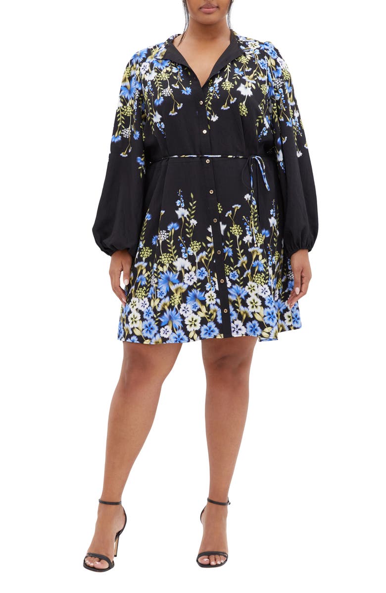 City Chic Lilliana Floral Long Sleeve Shirtdress, Main, color, Meadow Black
