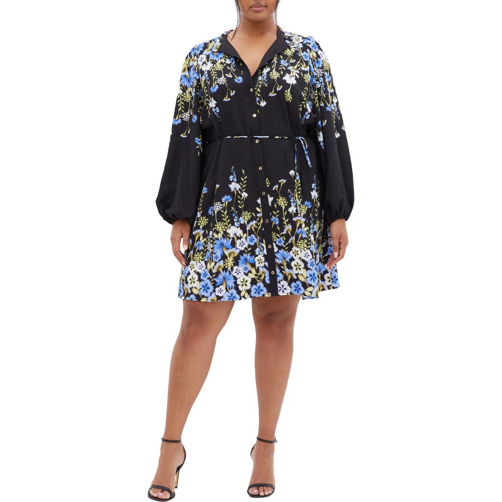 City Chic Lilliana Floral Long Sleeve Shirtdress In Black