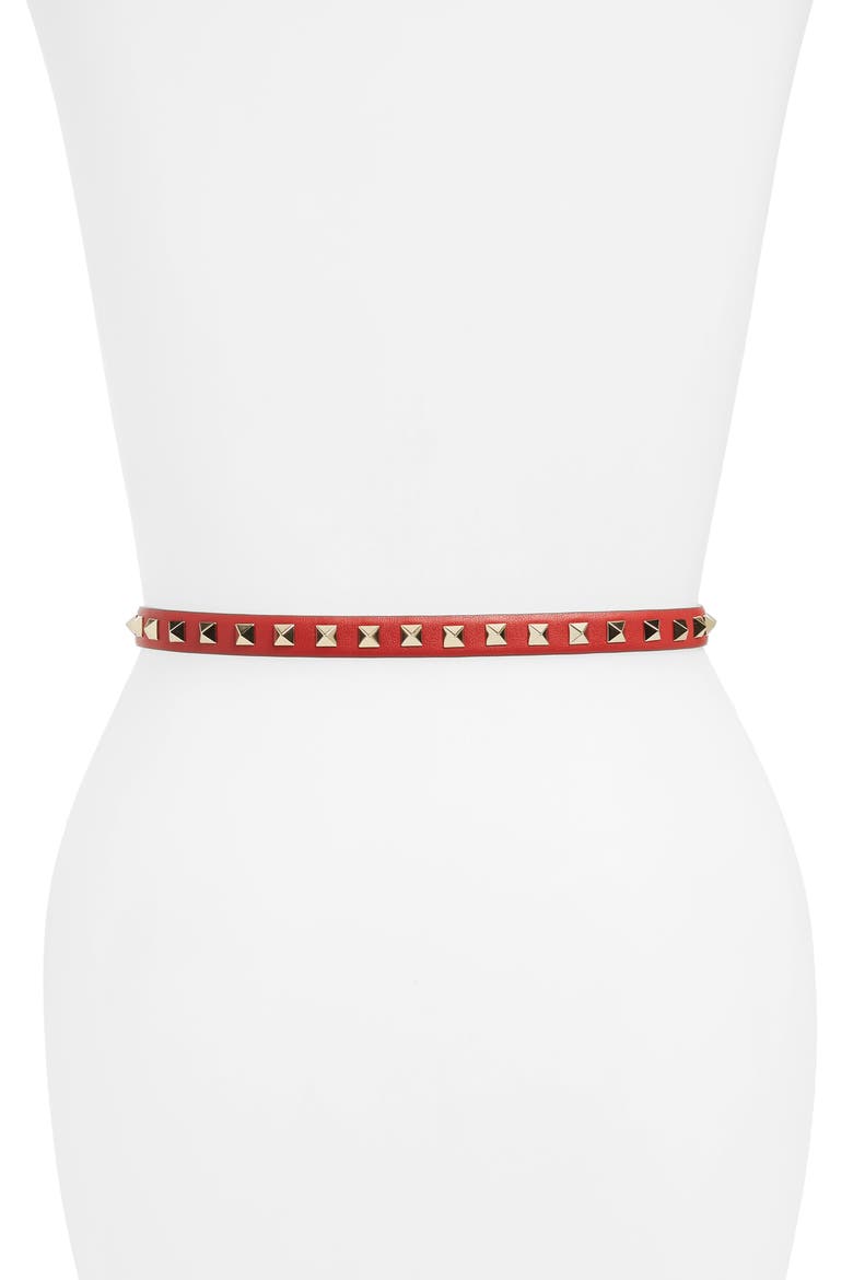 Rockstud Leather Belt, Alternate, color, RED