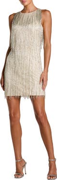 Mac Duggal Beaded Mesh Sleeveless Fringe Detail Mini Dress