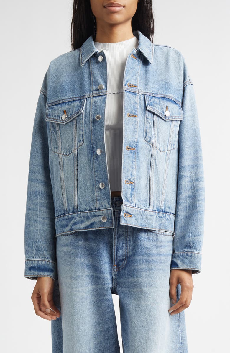 Alexander Wang Game Distressed Logo Denim Jacket, Main, color, Authentic Light Indigo