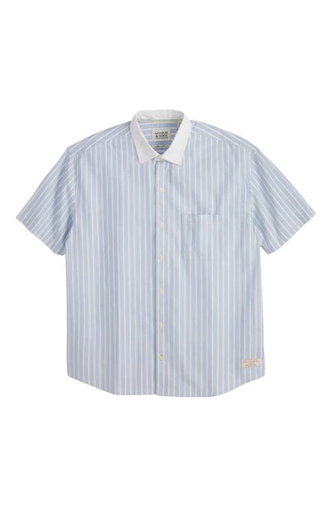 Pinpoint Boxy Short Sleeve Cotton Button-Up Shirt