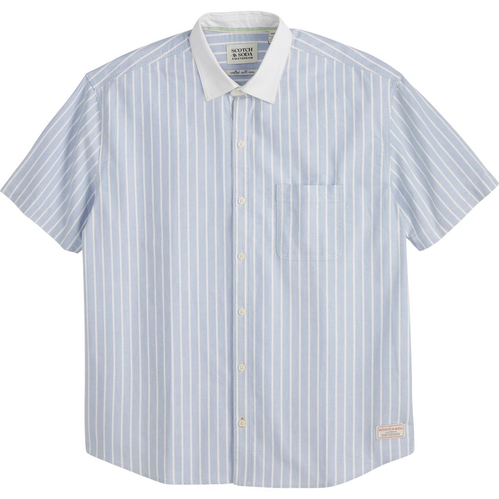 Scotch & Soda Pinpoint Boxy Short Sleeve Cotton Button-up Shirt In Blue