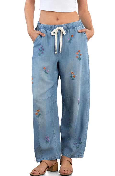 Floral Embroidered Barrel Leg Pants