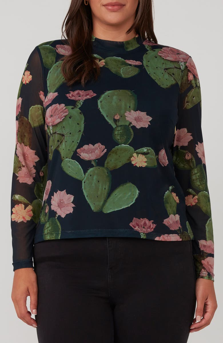 Estelle Mezzanine Cactus Print Mesh Top, Main, color, Blue Print