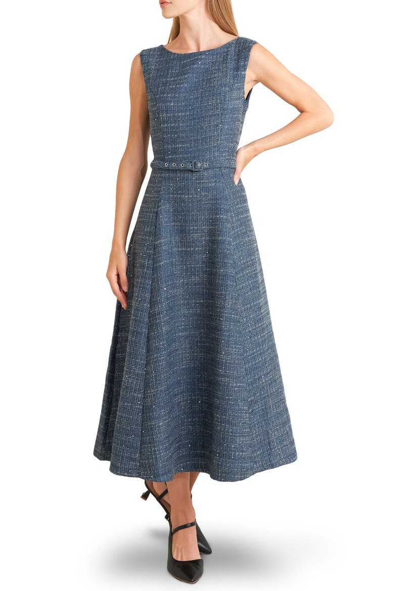 Sequin Belted Tweed Midi Dress, Main, color, LIGHT NAVY
