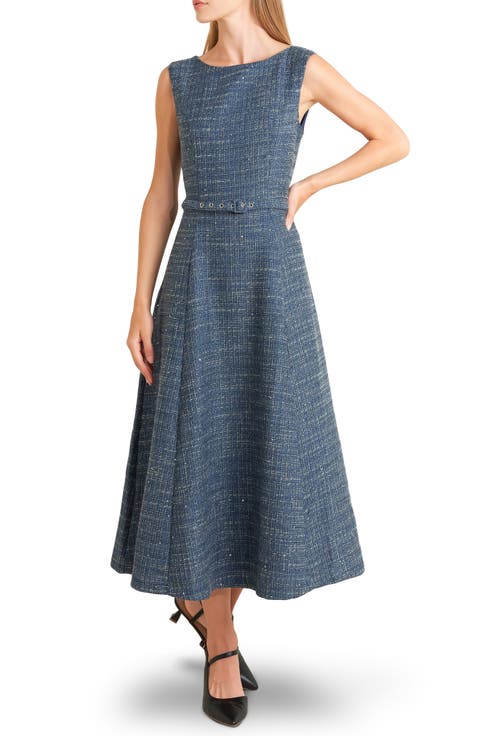 Sequin Belted Tweed Midi Dress