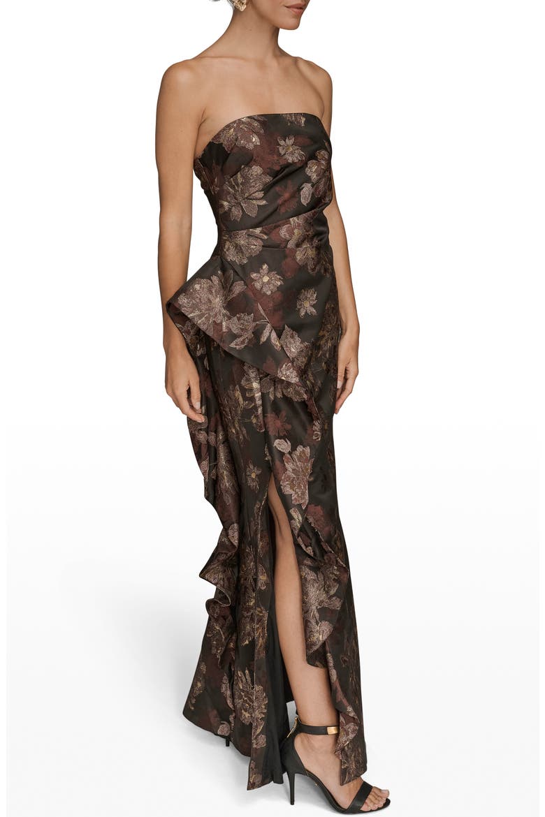 Metallic Floral Jacquard Strapless Gown, Alternate, color, CHOCOLATE PLUM