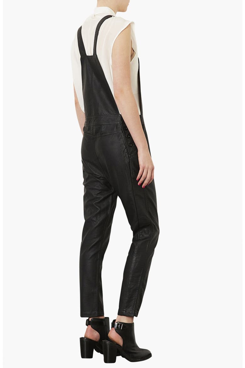 Faux Leather Overalls, Alternate, color, BLACK