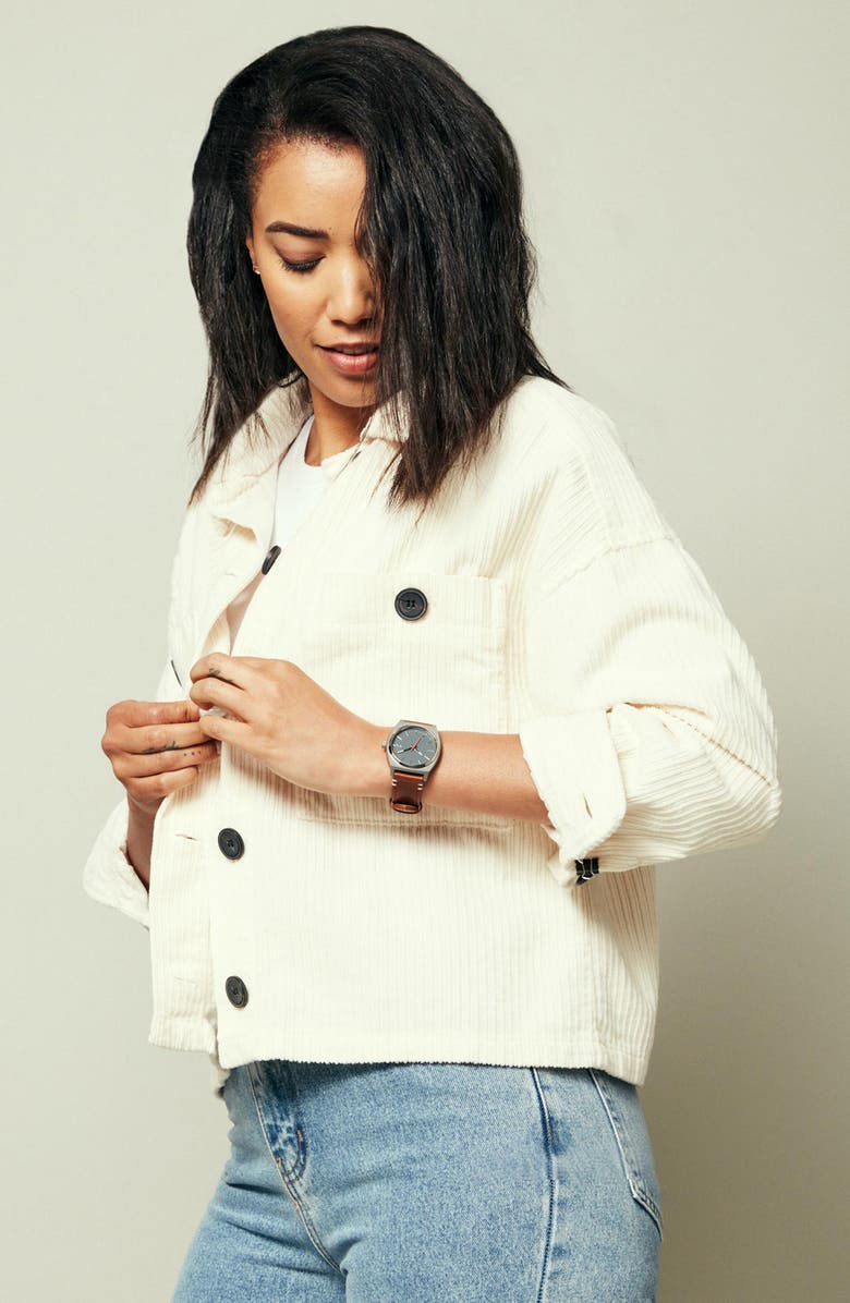 Nixon Time Teller Leather Strap Watch, 37mm, Alternate, color, Gunmetal / Basalt / Sienna