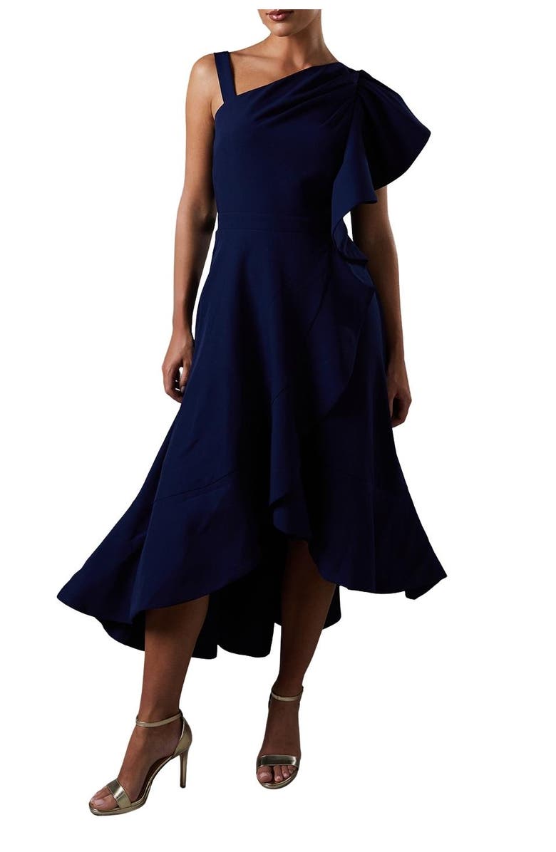 Coast One Shoulder Crepe Ruffle Midi Dress, Alternate, color, Navy