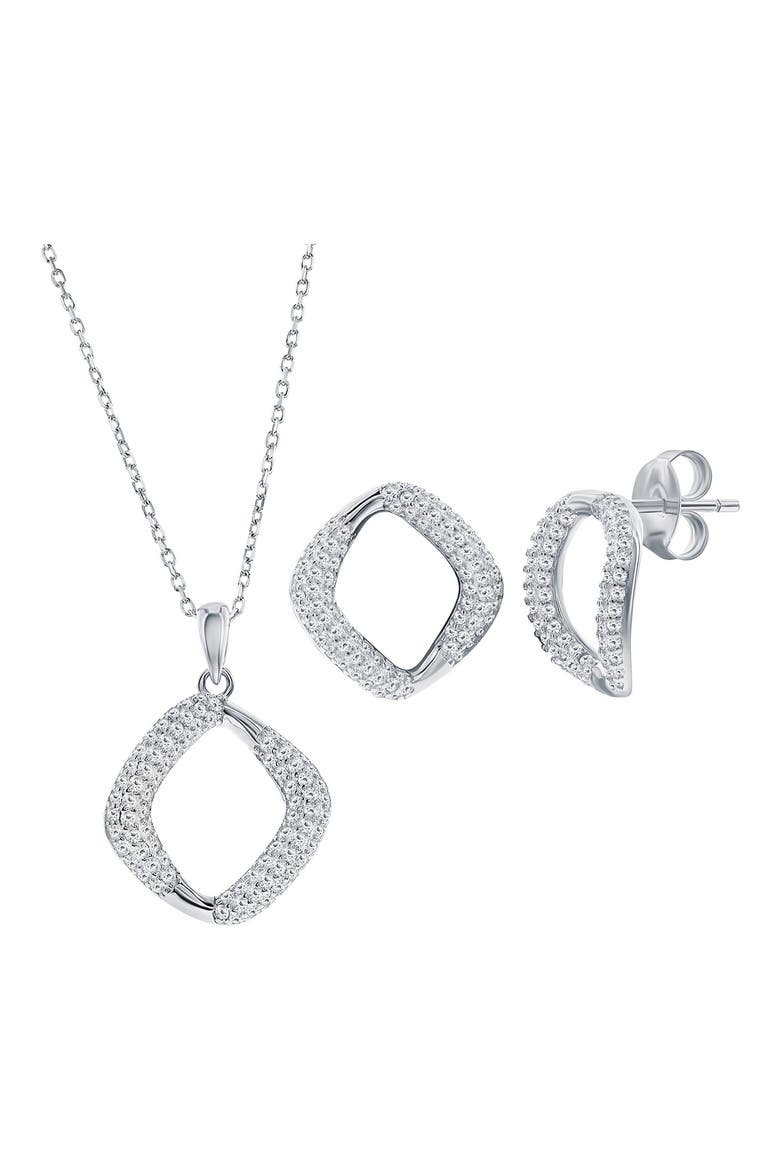 Pavé Cubic Zirconia Cushion Stud Earrings & Pendant Necklace Set, Main, color, SILVER