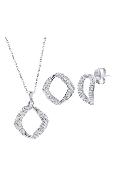 Pavé Cubic Zirconia Cushion Stud Earrings & Pendant Necklace Set