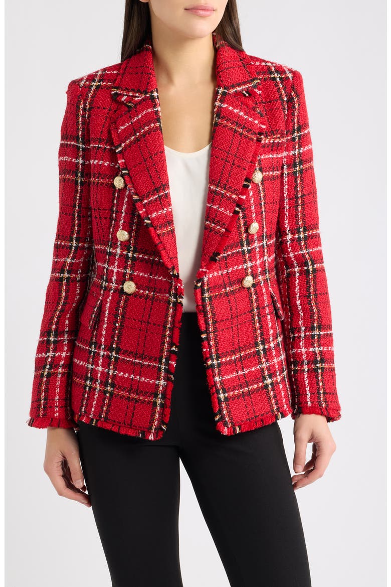 Plaid Fringe Trim Blazer, Main, color, LIPSTICK M