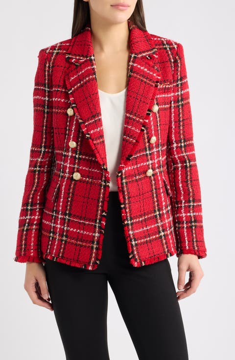 Plaid Fringe Trim Blazer