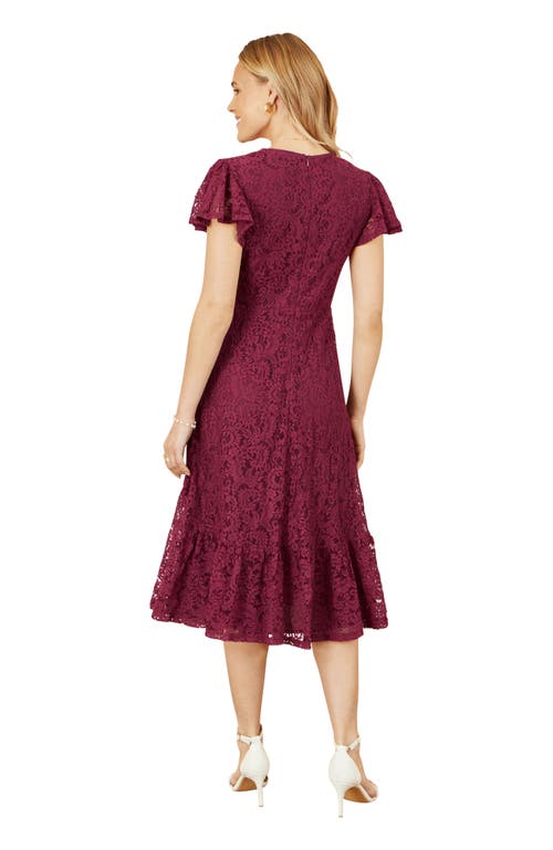 Yumi Short Sleeve Lace Midi Skater Dress In Burgundy