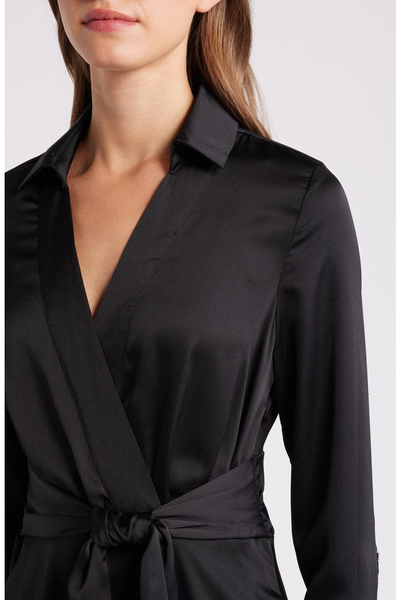 Long Sleeve Hammered Satin Wrap Front Shirtdress, Alternate, color, BLACK