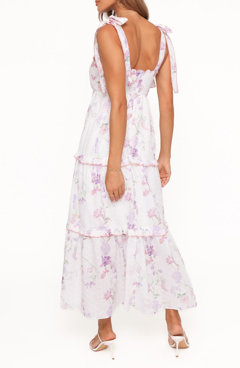 Petal & Pup Aurelia Eyelet Tie Strap Tiered Maxi Dress, Alternate, color, Purple Floral