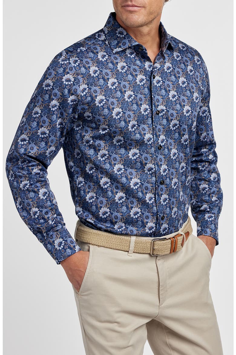 Floral Print Sport Shirt, Main, color, NAVY/ BROWN